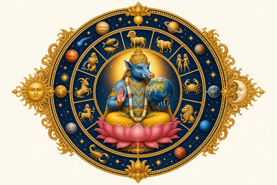 Vedic astrology zodiac mandala with Lord Varaha